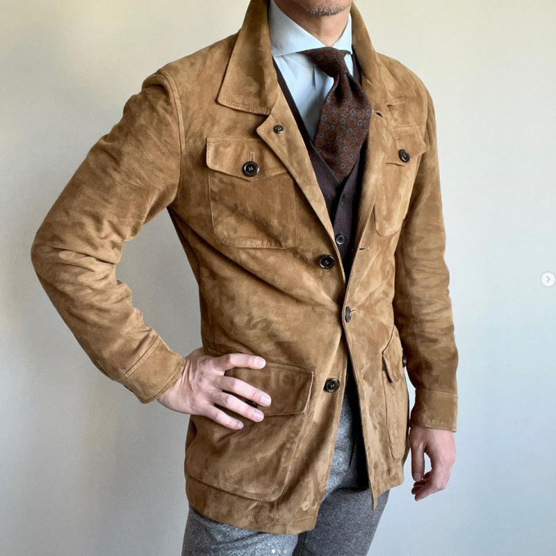 Veste multi-poches vintage à revers en daim uni pour hommes | Vezzo