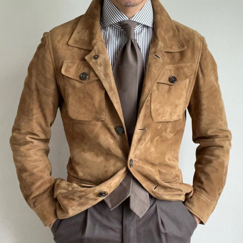 Veste multi-poches vintage à revers en daim uni pour hommes | Vezzo