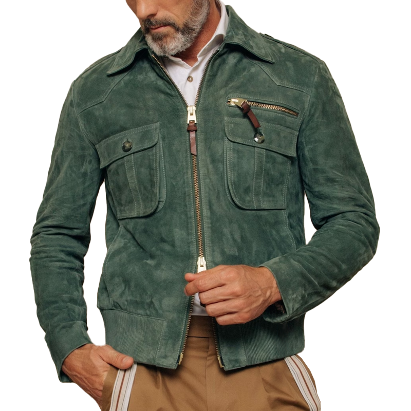 Veste en daim rétro avec poche poitrine et fermeture éclair pour hommes | Vezzo