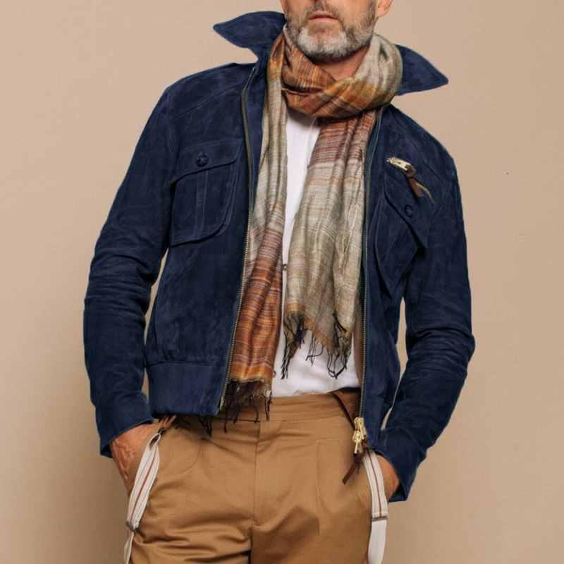 Veste en daim rétro avec poche poitrine et fermeture éclair pour hommes | Vezzo