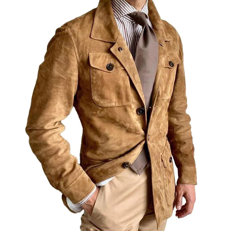 Veste multi-poches vintage à revers en daim uni pour hommes | Vezzo