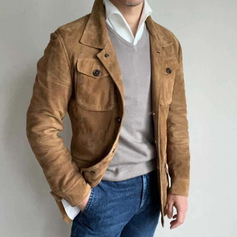 Veste multi-poches vintage à revers en daim uni pour hommes | Vezzo