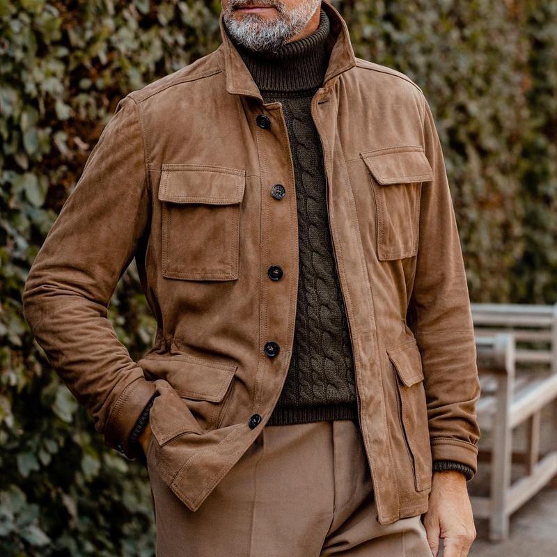 Veste en daim unie multi-poches à revers vintage pour hommes | Vezzo