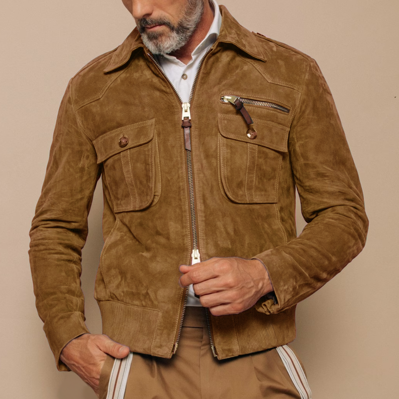 Veste en daim rétro avec poche poitrine et fermeture éclair pour hommes | Vezzo