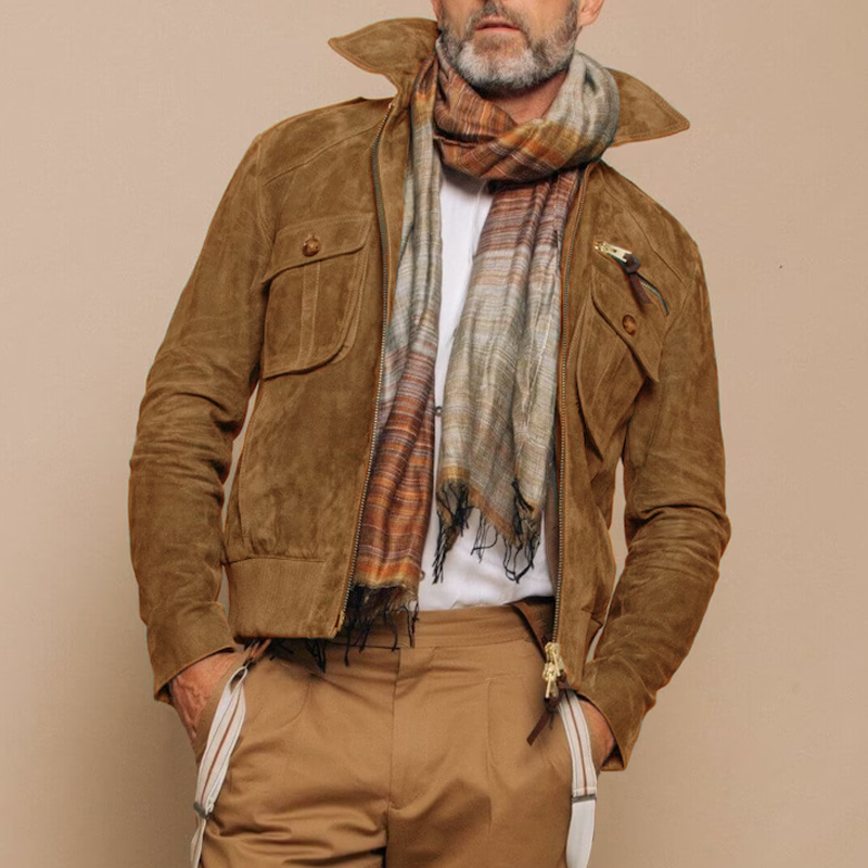 Veste en daim rétro avec poche poitrine et fermeture éclair pour hommes | Vezzo