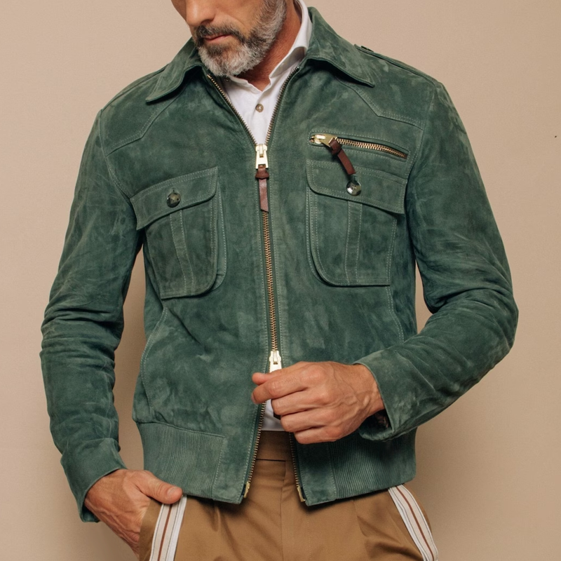 Veste en daim rétro avec poche poitrine et fermeture éclair pour hommes | Vezzo