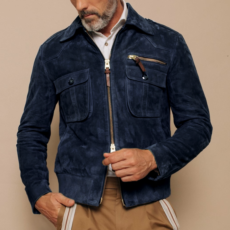 Veste en daim rétro avec poche poitrine et fermeture éclair pour hommes | Vezzo