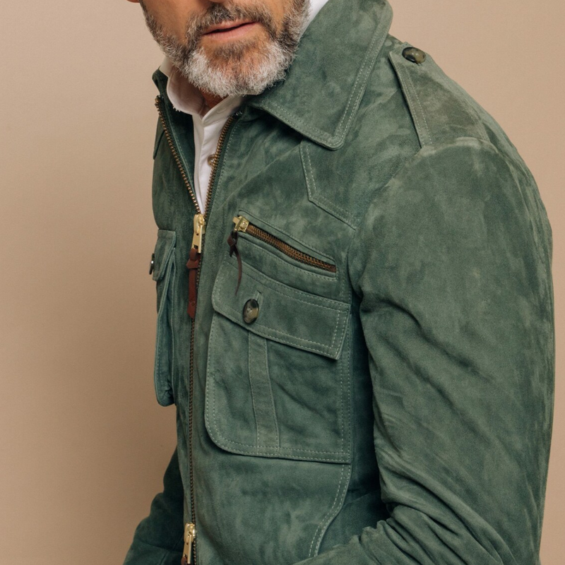 Veste en daim rétro avec poche poitrine et fermeture éclair pour hommes | Vezzo