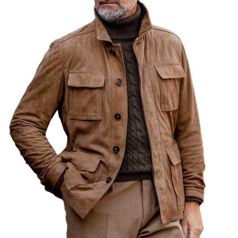 Veste en daim unie multi-poches à revers vintage pour hommes | Vezzo
