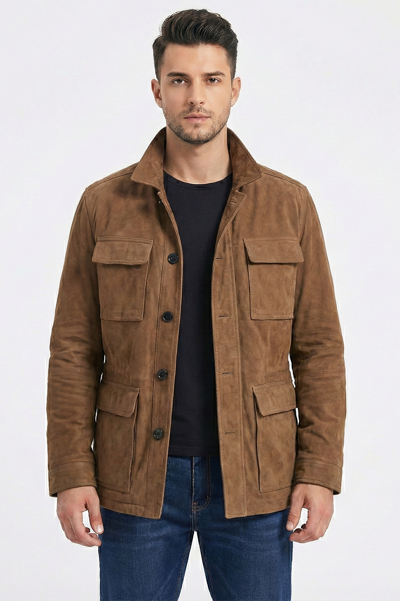 Veste en daim unie multi-poches à revers vintage pour hommes | Vezzo
