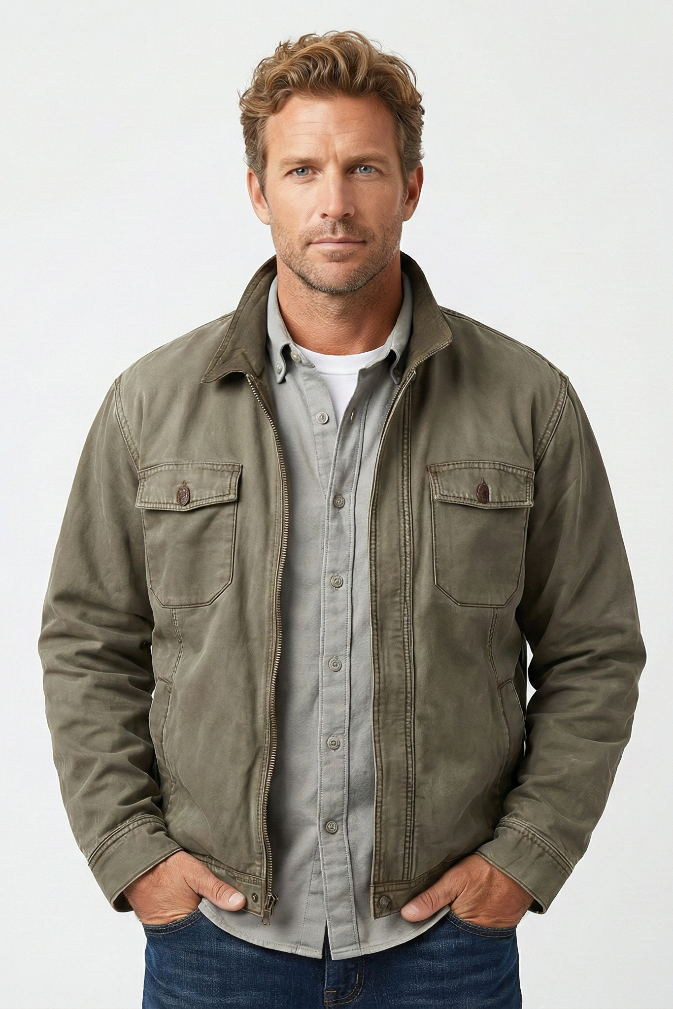 Veste zippée vintage en toile vieillie pour hommes | Vezzo