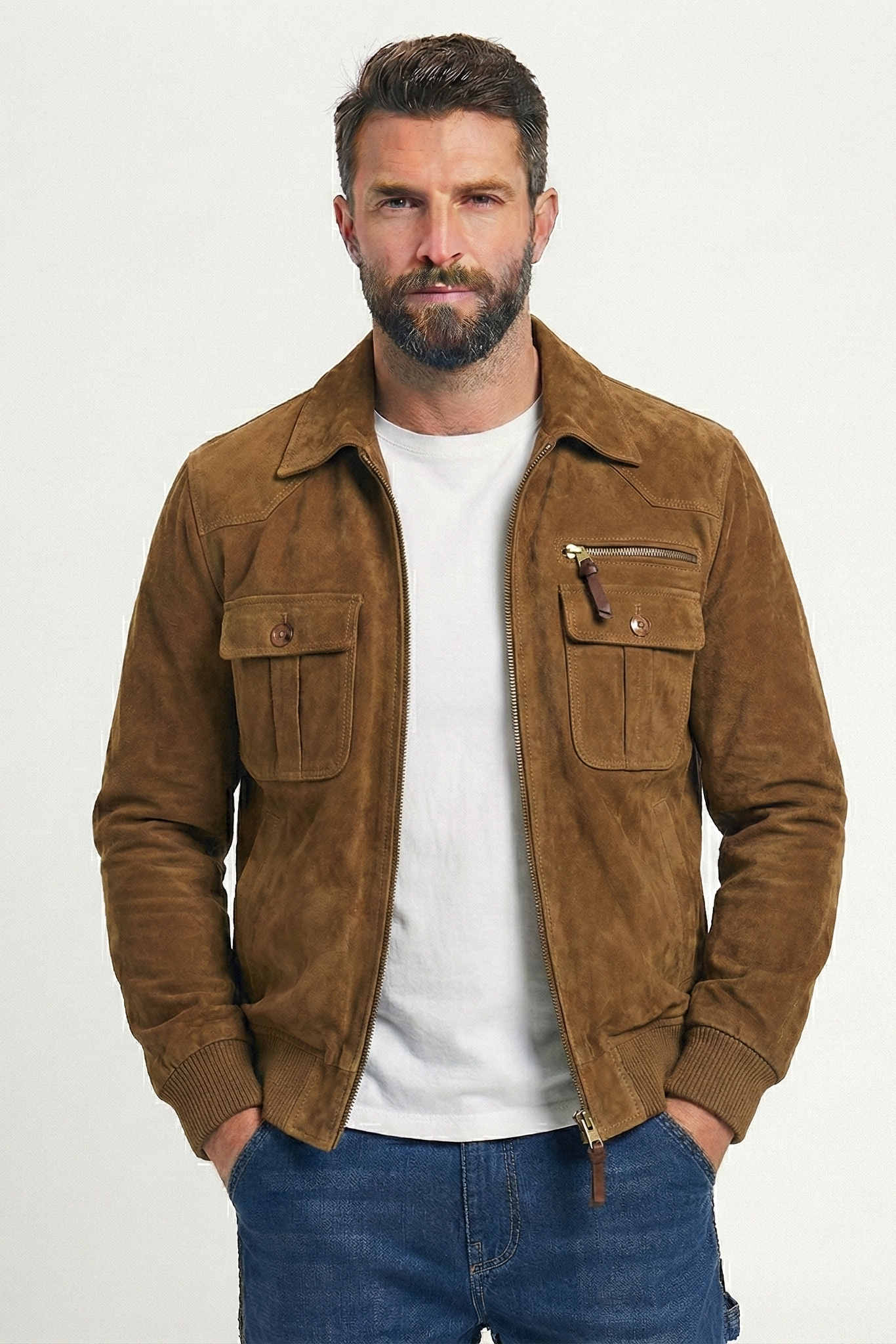 Veste en daim rétro avec poche poitrine et fermeture éclair pour hommes | Vezzo