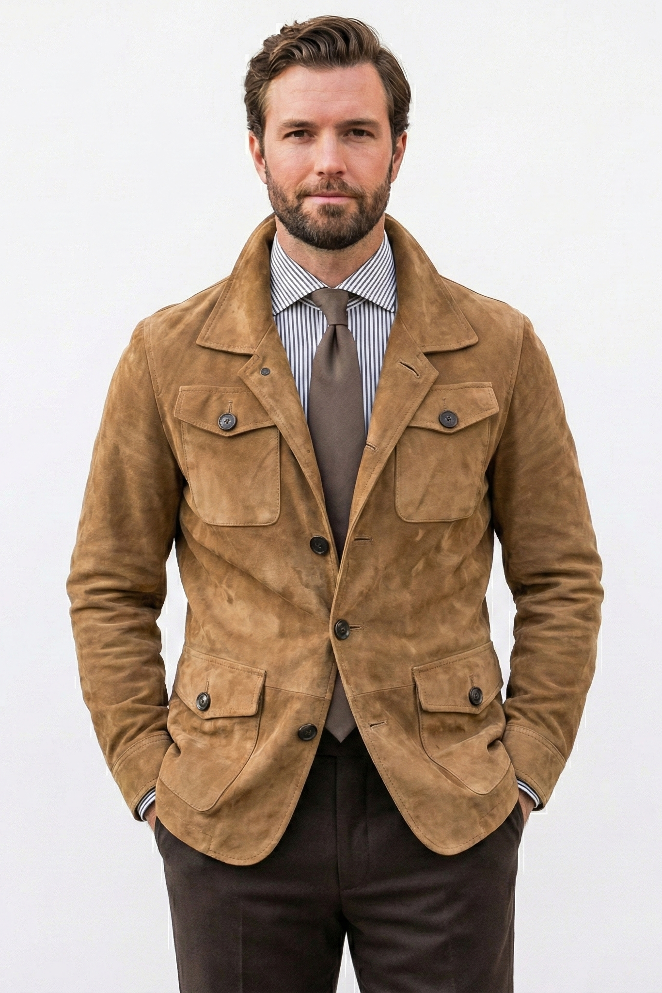 Veste multi-poches vintage à revers en daim uni pour hommes | Vezzo