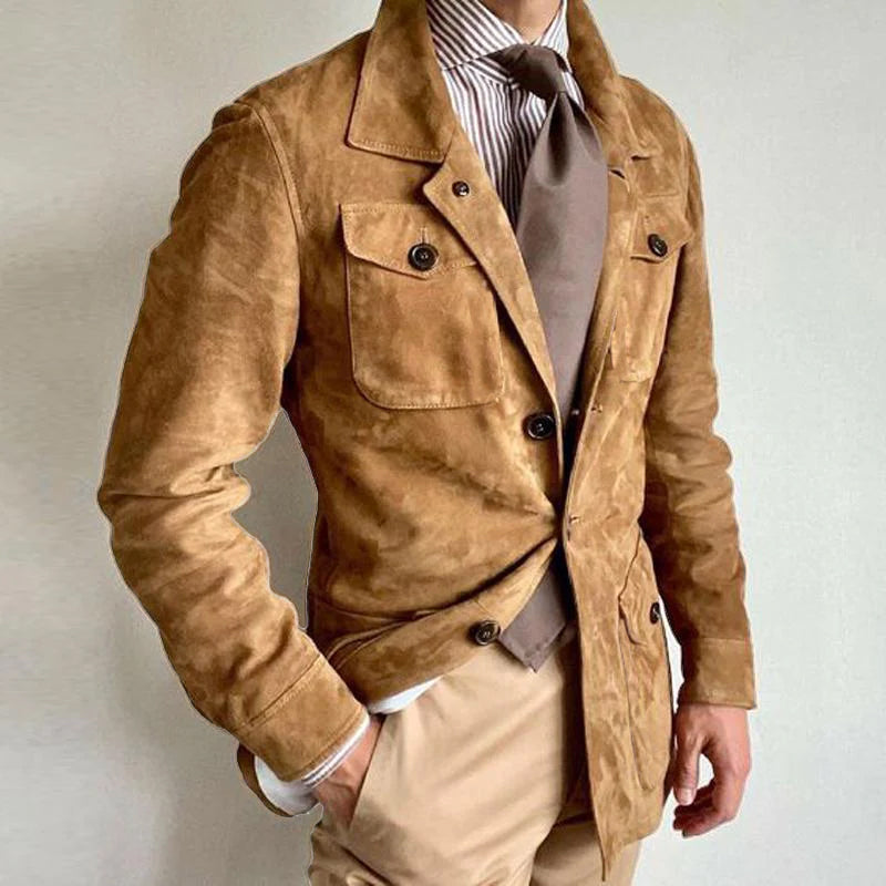 Veste multi-poches vintage à revers en daim uni pour hommes | Vezzo