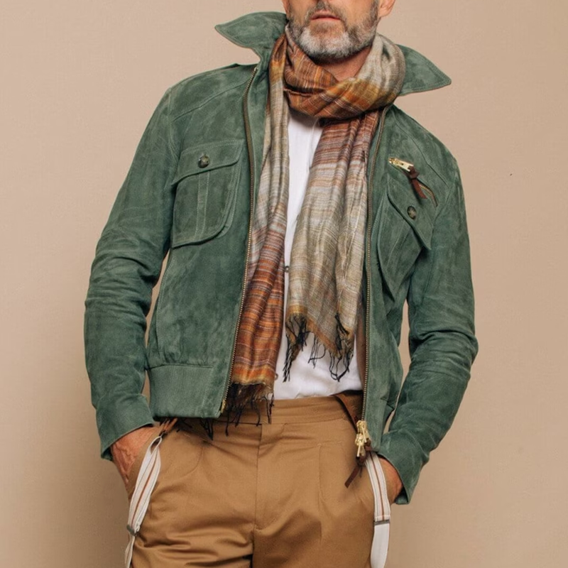 Veste en daim rétro avec poche poitrine et fermeture éclair pour hommes | Vezzo